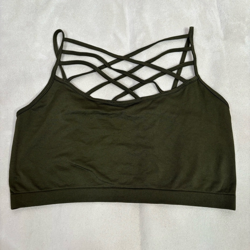 Zenana Outfitters 2X/3X‎ Olive Green Strappy Bralette Stretchy Lightweight EUC